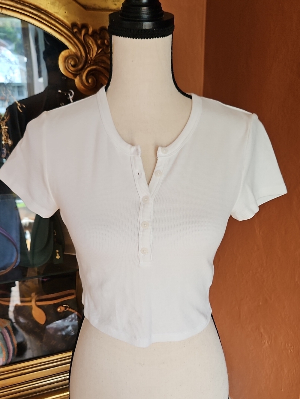 Sunday Best White Ribbed Henley Crop Top